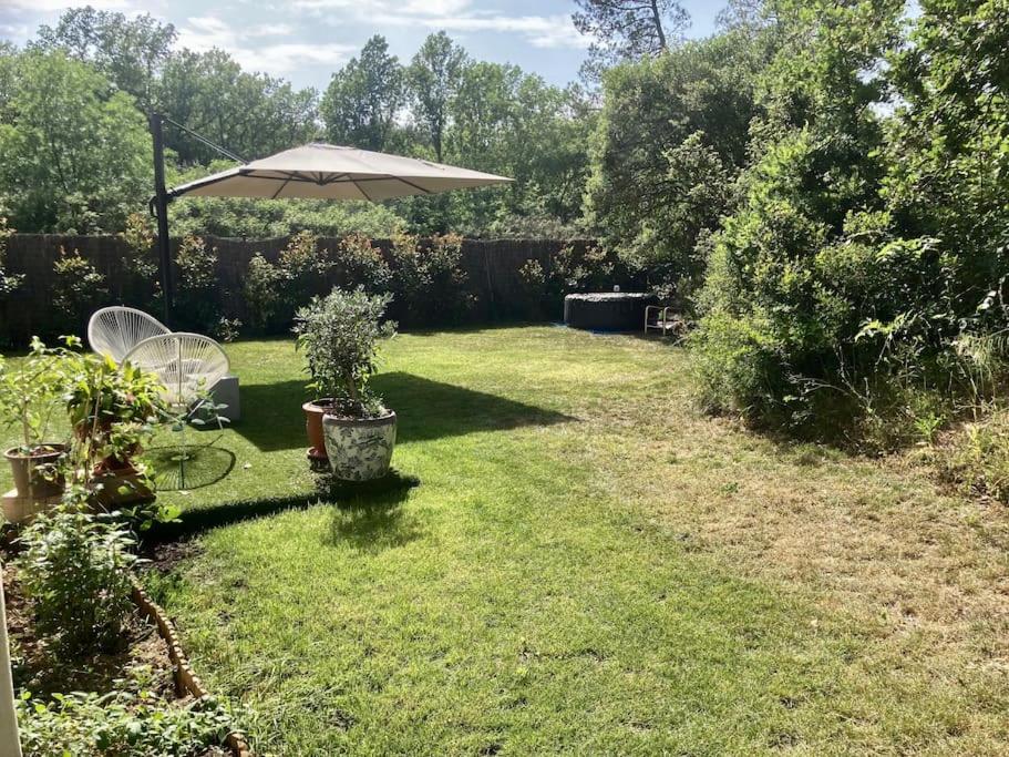 une cour avec un parasol et de l'herbe dans l'établissement Belle Villa aux portes de Montpellier, à Montferrier-sur-Lez