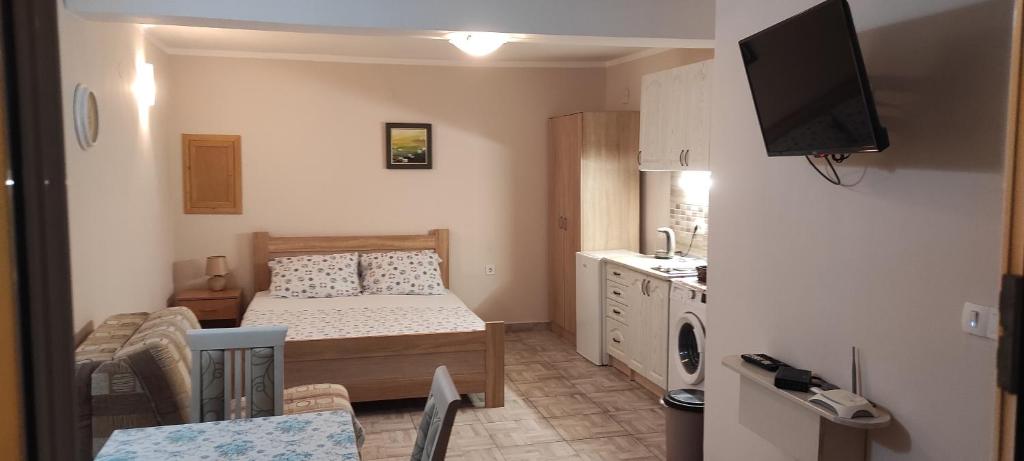 a small room with a bed and a kitchen at Apartman Pijavica in Bijela