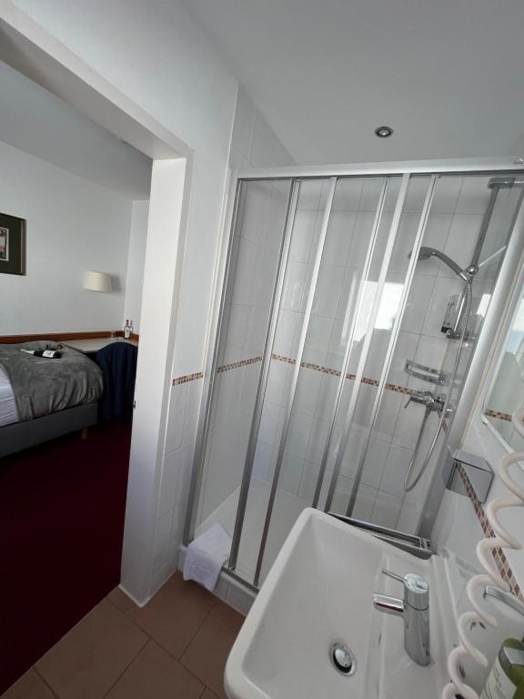 een badkamer met een douche en een witte wastafel bij Hotel zum Ritter St. Georg in Heidelberg