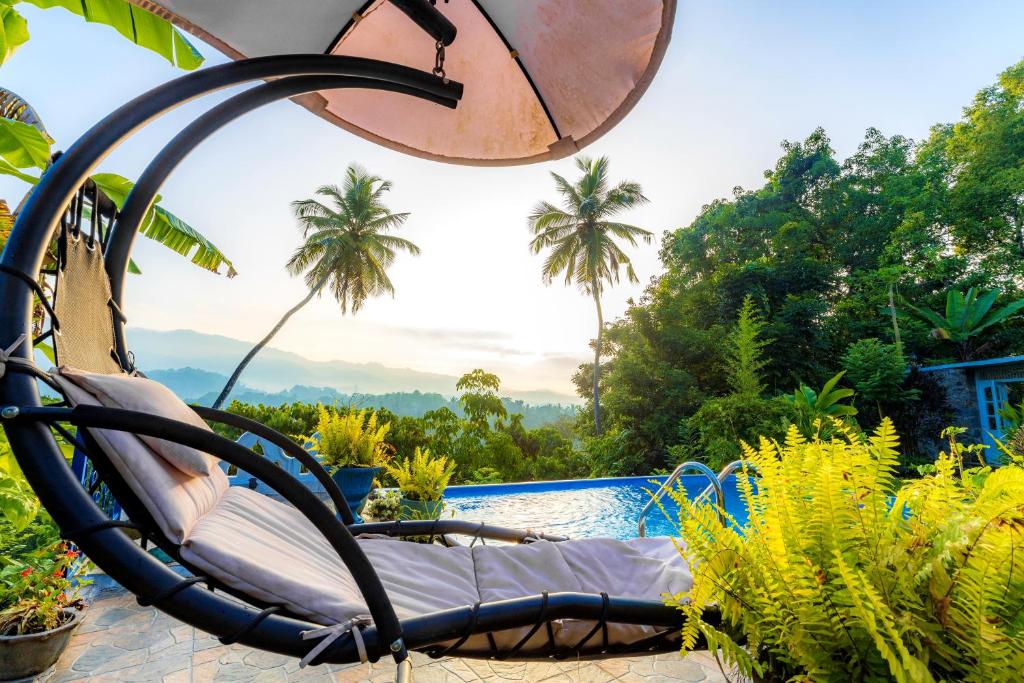 a pool with a swing and some plants at Galkanda Walawwa in Kandy