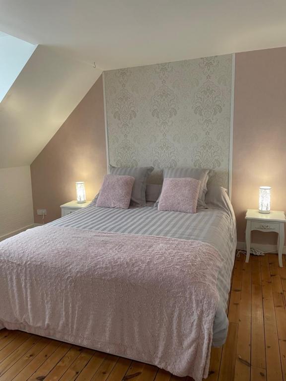 1 dormitorio con 1 cama grande con almohadas rosas en Le Char'Mans, cocon suréquipé en centre ville en Le Mans