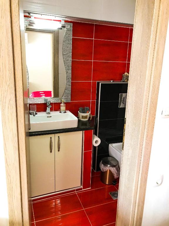 łazienka z umywalką, lustrem i czerwonymi kafelkami w obiekcie Soula’s cosy apartments w Kalambace