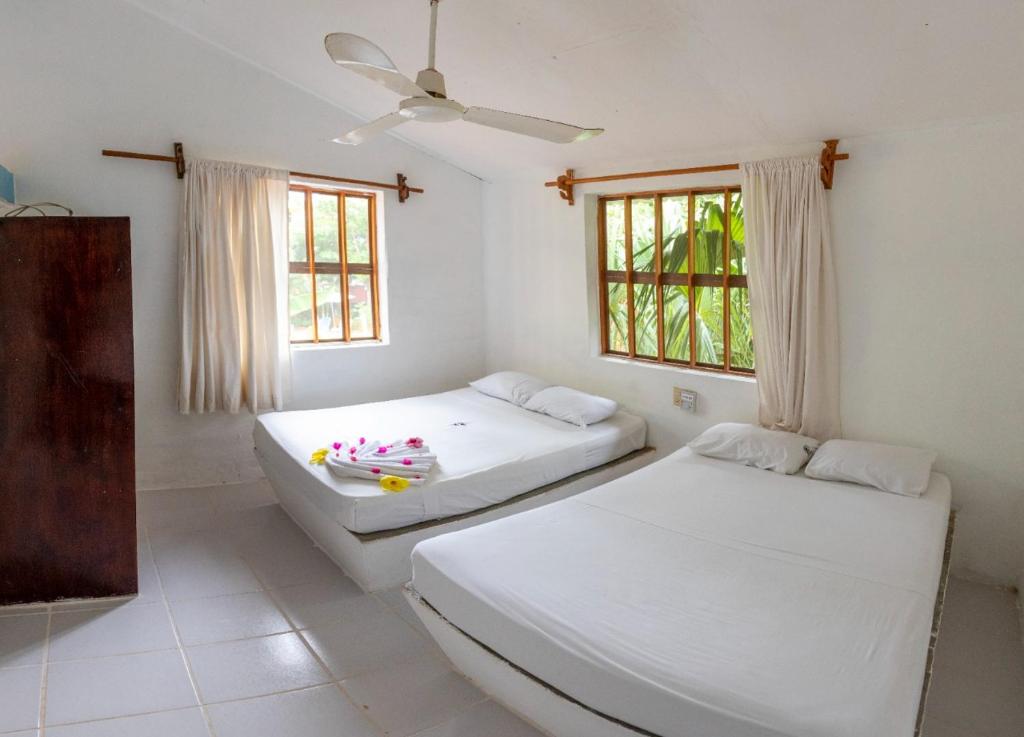 two beds in a room with two windows at Hotel y Bungalows Acuario in Puerto Escondido