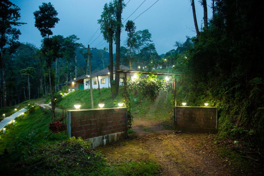 a house with lights in front of it at night at The Nest bettathur, Coorg in Madikeri