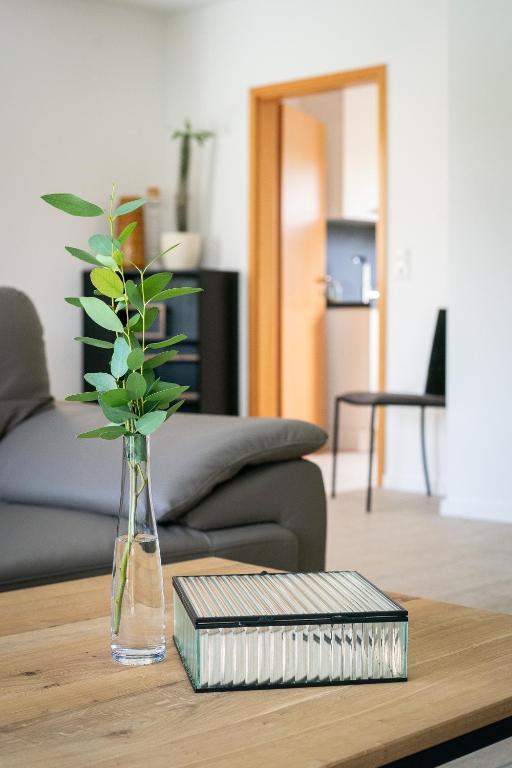 a vase with a flower and a book on a table at Ferienhaus Kaiserbaum in Illmitz