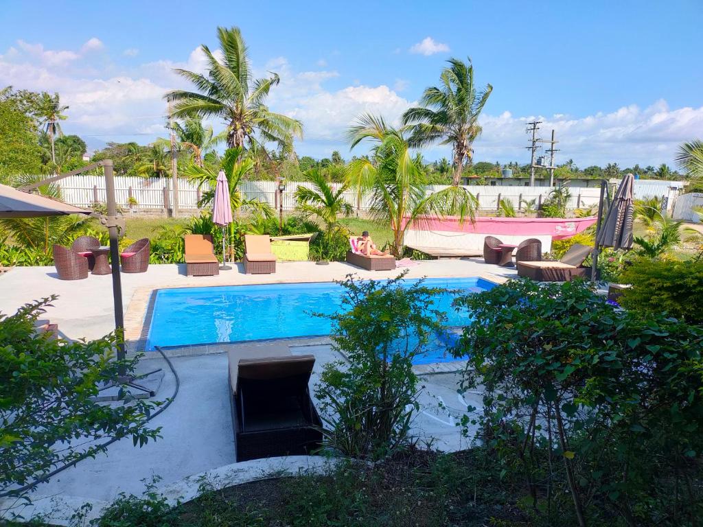 a swimming pool in a yard with palm trees at Nadi Fancy Hotel in Nadi