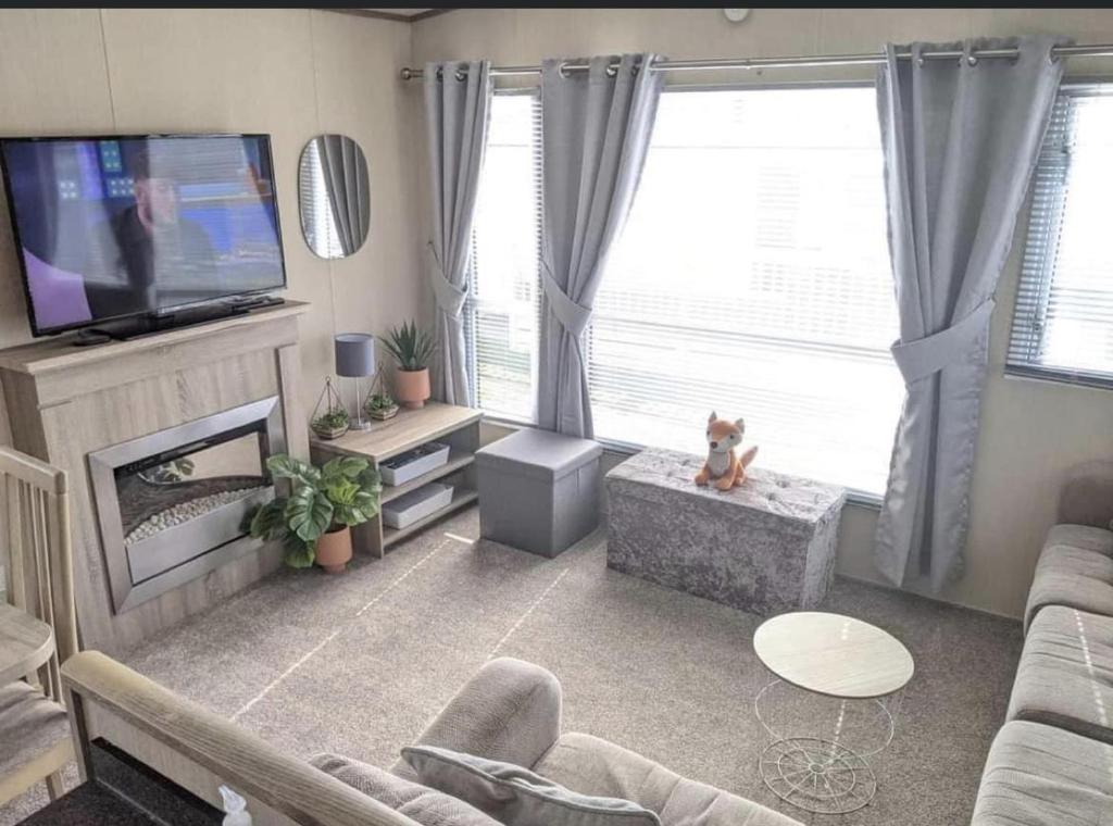 een woonkamer met een open haard en een televisie bij Immaculate Sen friendly 3-Bed caravan in Porthcawl in Porthcawl