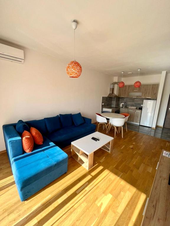 ポドゴリツァにあるZ apartmentの青いソファとテーブルのあるリビングルーム