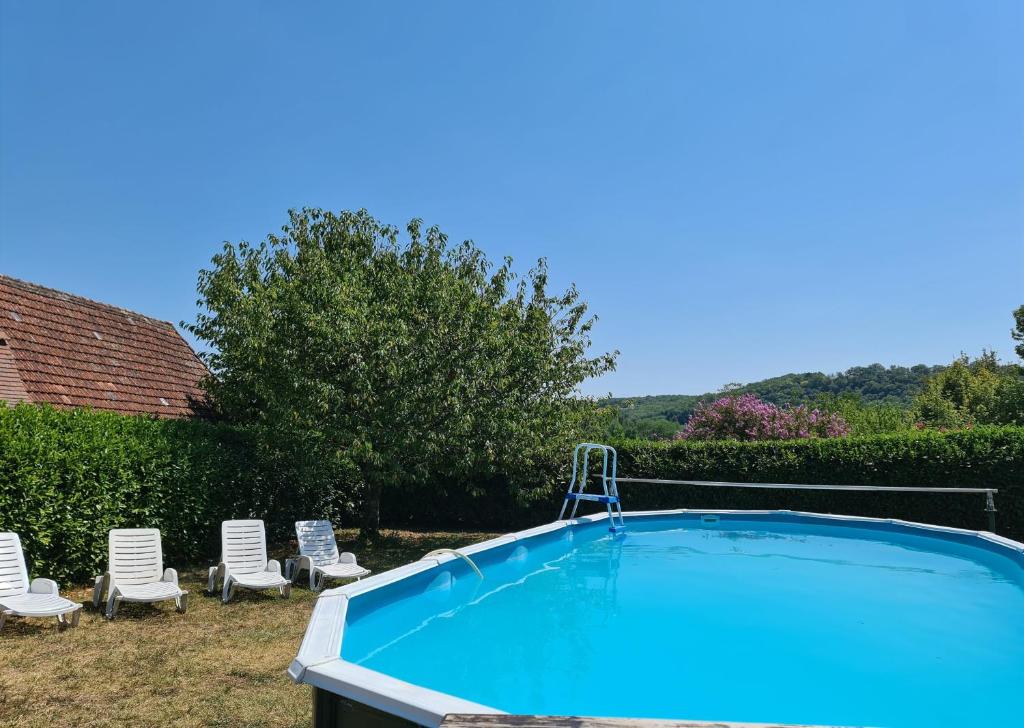 basen z 2 krzesłami ogrodowymi i 2 krzesłami ogrodowymi w obiekcie Grand Gite Avec Tennis et Piscine w mieście Lalinde