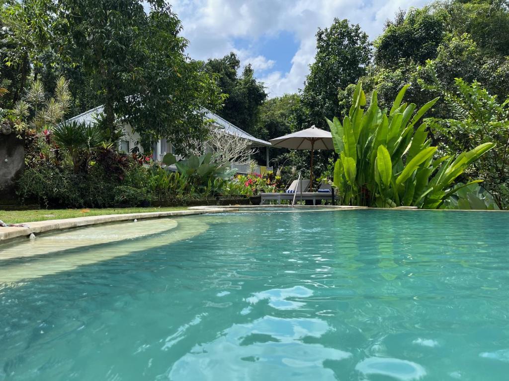 una piscina de agua azul en un patio en Balian Bliss Retreat Bungalow & Villas, en Balian