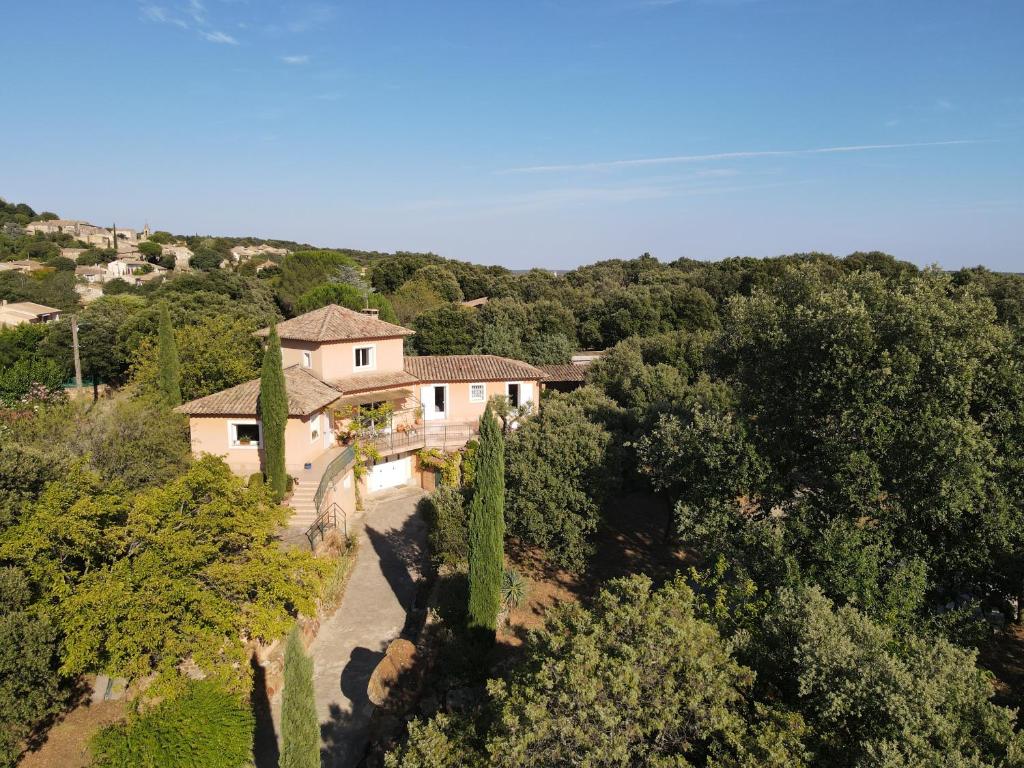 uma vista aérea de uma casa numa floresta em Clos Marijeanne Capmas em La Capelle-et-Masmolène