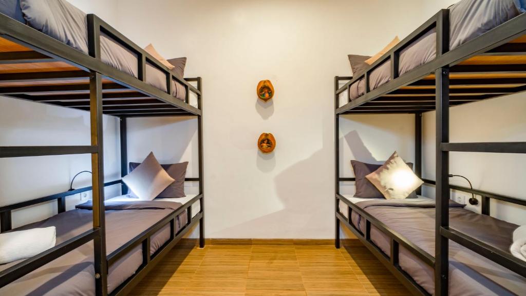 ウブドにあるAura Dormitory House Ubudのホステル内の二段ベッド2組が備わる客室です。