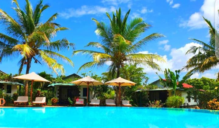 a swimming pool with palm trees and umbrellas at African Dream Cottages - Diani Beach in Diani Beach