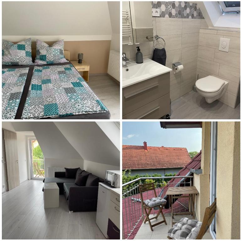 un collage de fotos de un dormitorio y un baño en Jasmin Apartment House, en Vonyarcvashegy
