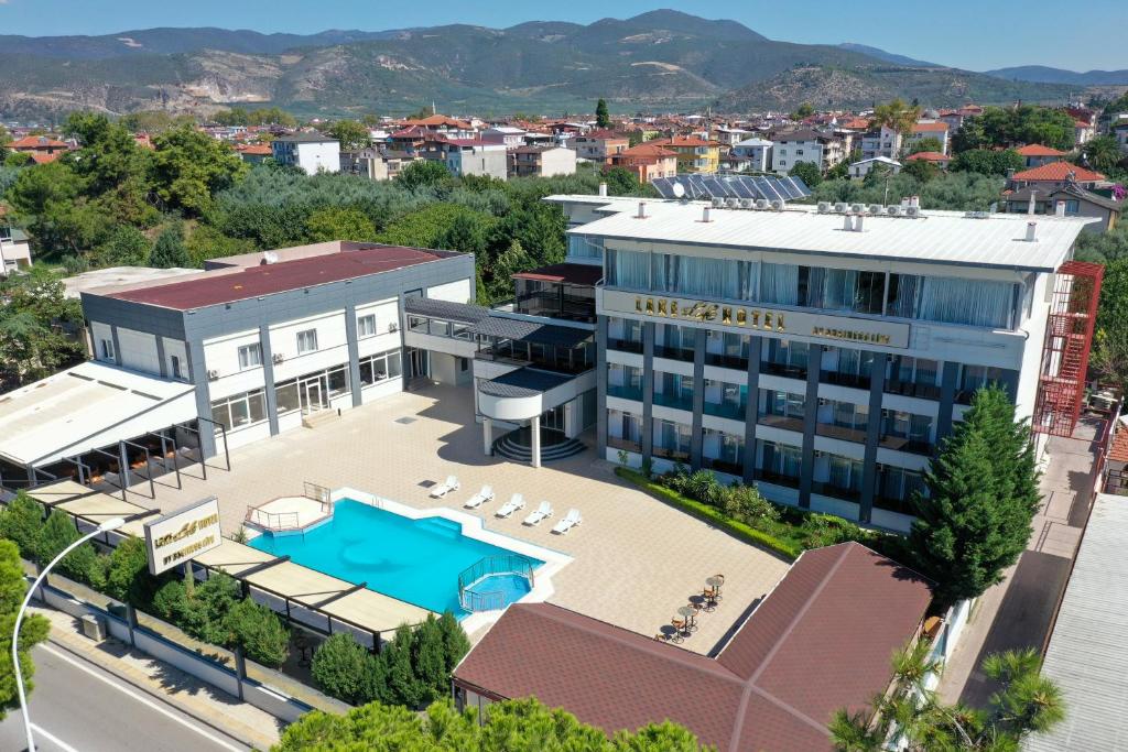 an aerial view of a hotel with a swimming pool at Lake Life Hotel in İznik