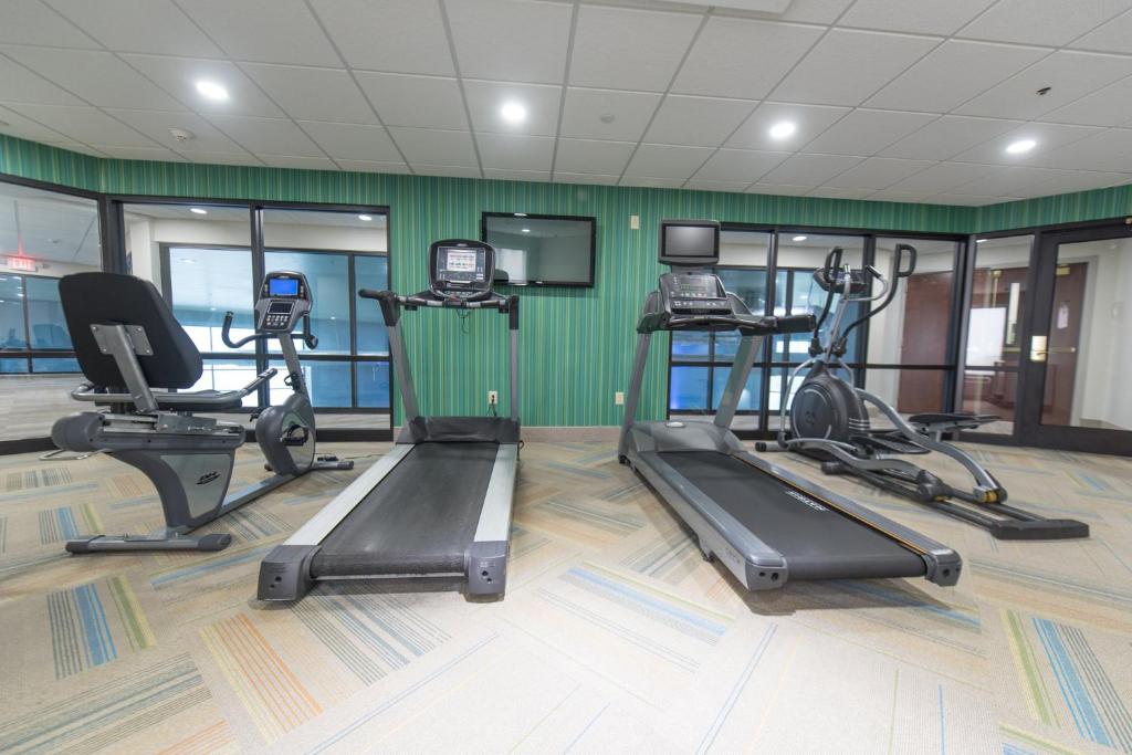 a gym with treadmills and exercise equipment in a room at Holiday Inn Express Hotel & Suites Erie an IHG Hotel in North East