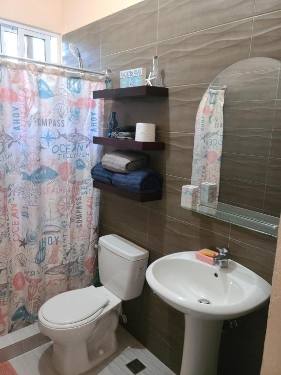 a bathroom with a toilet and a sink at Bongo Lodge in Las Galeras