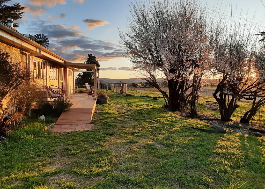 a house with a wooden walkway next to a field at Alloway Bank in Bathurst