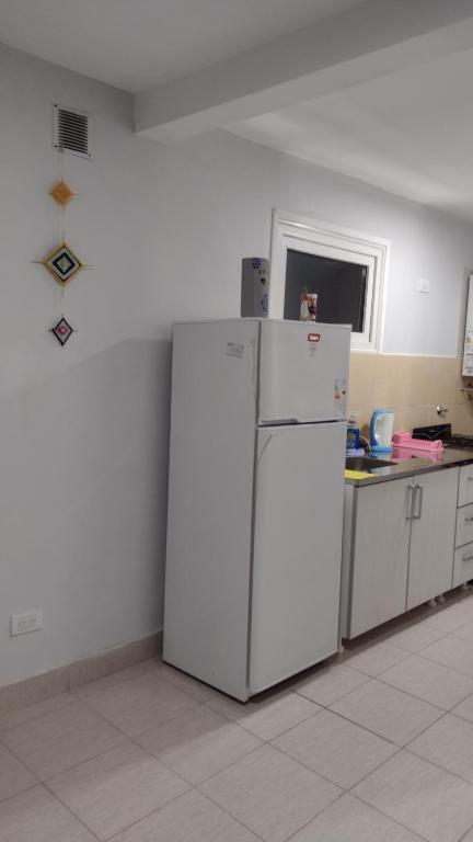 a kitchen with a white refrigerator in a room at Tan Ushuaia in Ushuaia