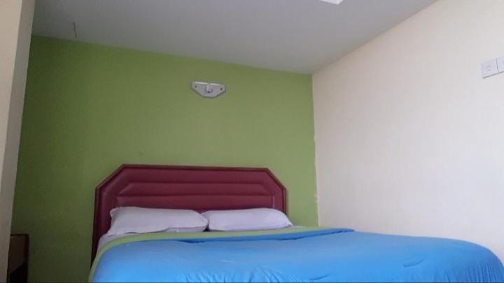 un letto con testiera rossa in una stanza verde di MELAKA HOTEL SENTOSA a Malacca