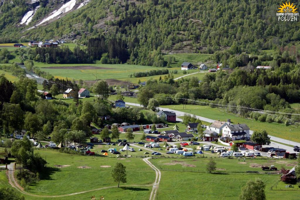 an aerial view of a village in the mountains at Folven Adventure Camp in Hjelle