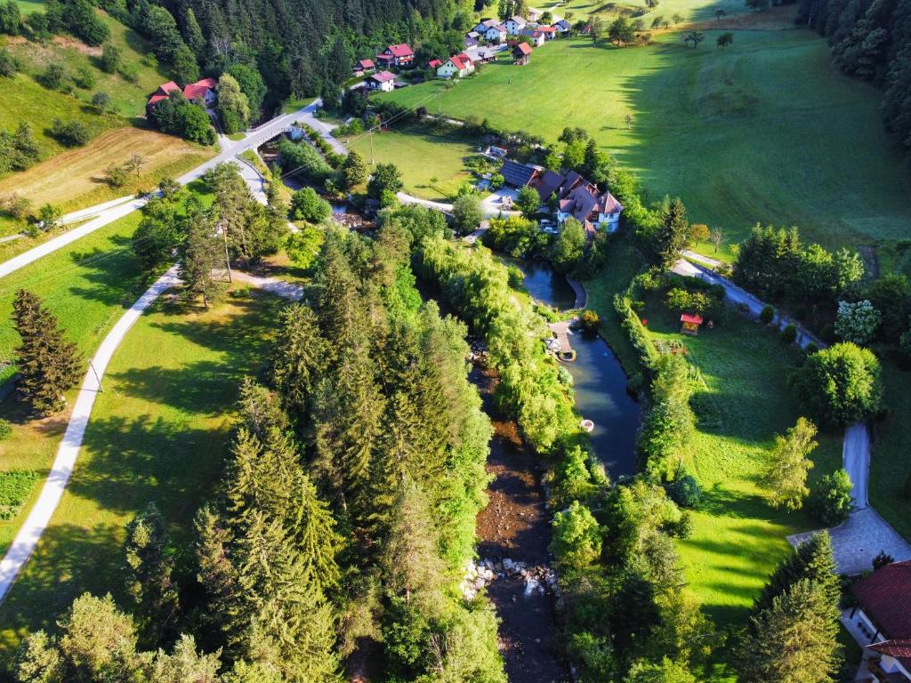an aerial view of a park with trees and a river at Apartments Povh in Ljubno