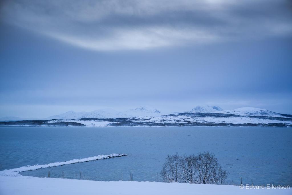 vistas a un lago con nieve en el suelo en Great apartment with a lovely view of the sea and mountains, en Kvaløya