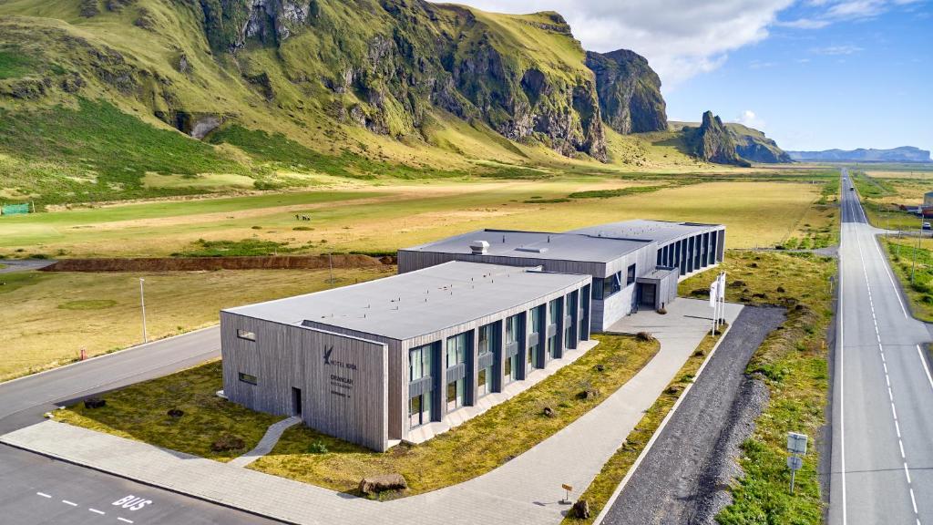 an overhead view of a building next to a road at Hótel Kría in Vík