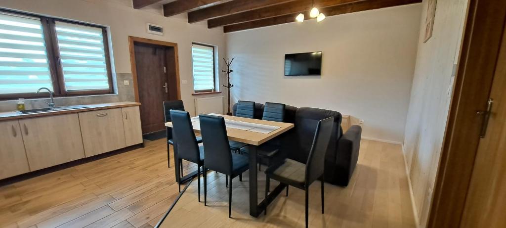 a dining room with a table and black chairs at Apartament Nad Stawem in Powidz