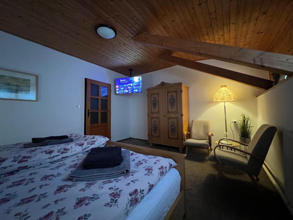 a bedroom with a bed and a tv on the wall at Penzión Hrubjak in Oravská Polhora