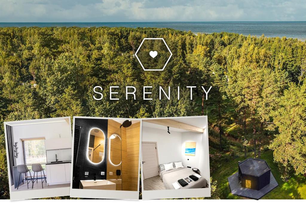 uma colagem de fotos de um quarto com a palavra eternidade em Serenity House & Sauna on the Coast of Baltic Sea em Lapmezciems