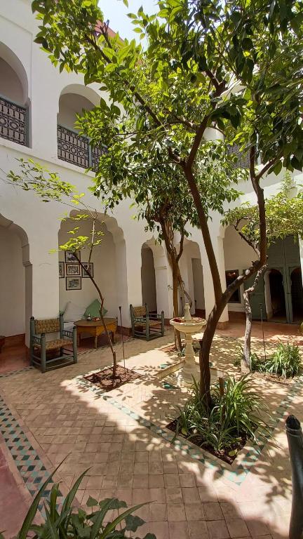 einen Innenhof mit Bänken und einem Baum in einem Gebäude in der Unterkunft Dar El Kharaz in Marrakesch