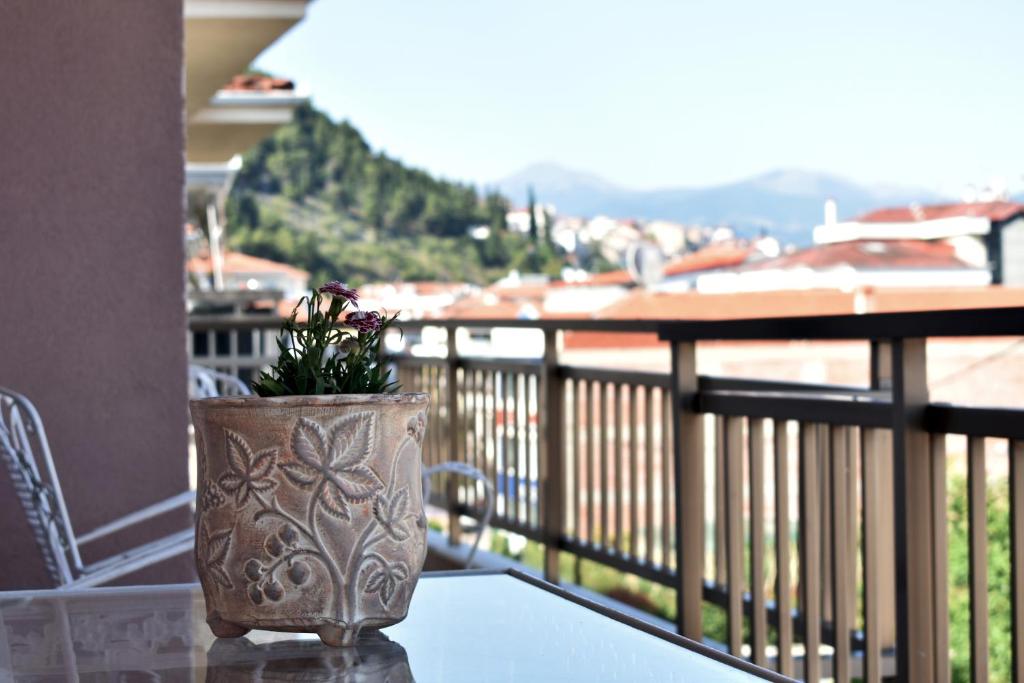 a plant in a vase sitting on a table on a balcony at Κεντρικό και ευρύχωρο οροφοδιαμέρισμα in Kastoria