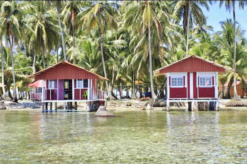 two houses in the water in front of palm trees at Private Over-Water Cabin on paradise San Blas island in Waisalatupo