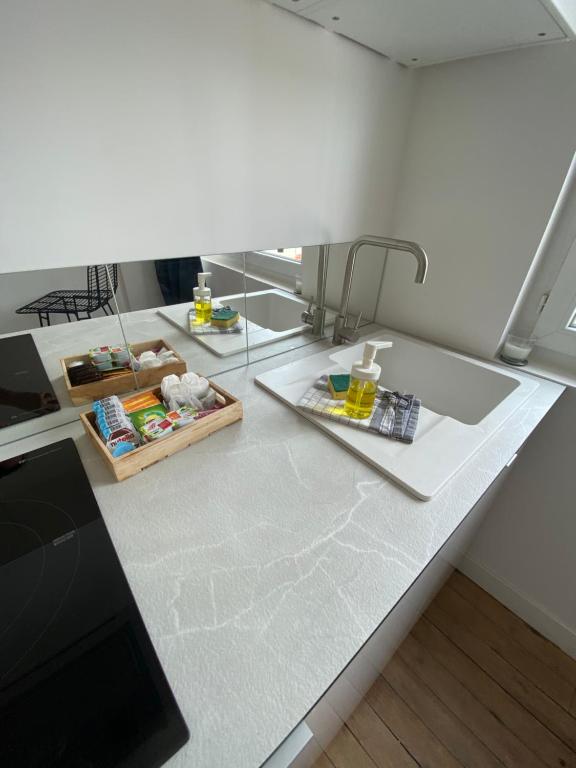 加來的住宿－les suites du beffroi，带两个水槽和水龙头的厨房台面