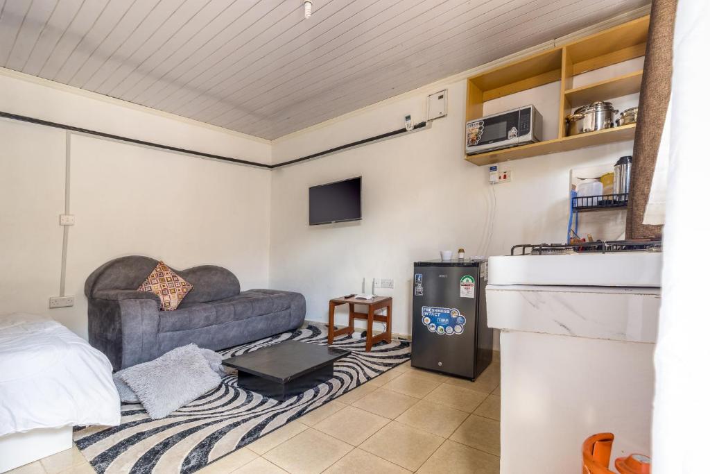 AnD Suites في نيروبي: غرفة معيشة مع أريكة وسجادة