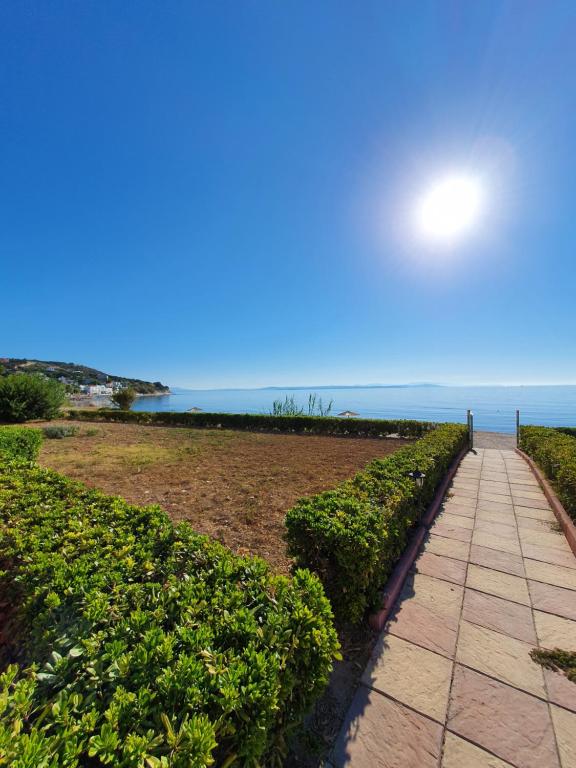 een loopbrug naar het strand met de oceaan op de achtergrond bij Marine Apartments Venetiko in Chios