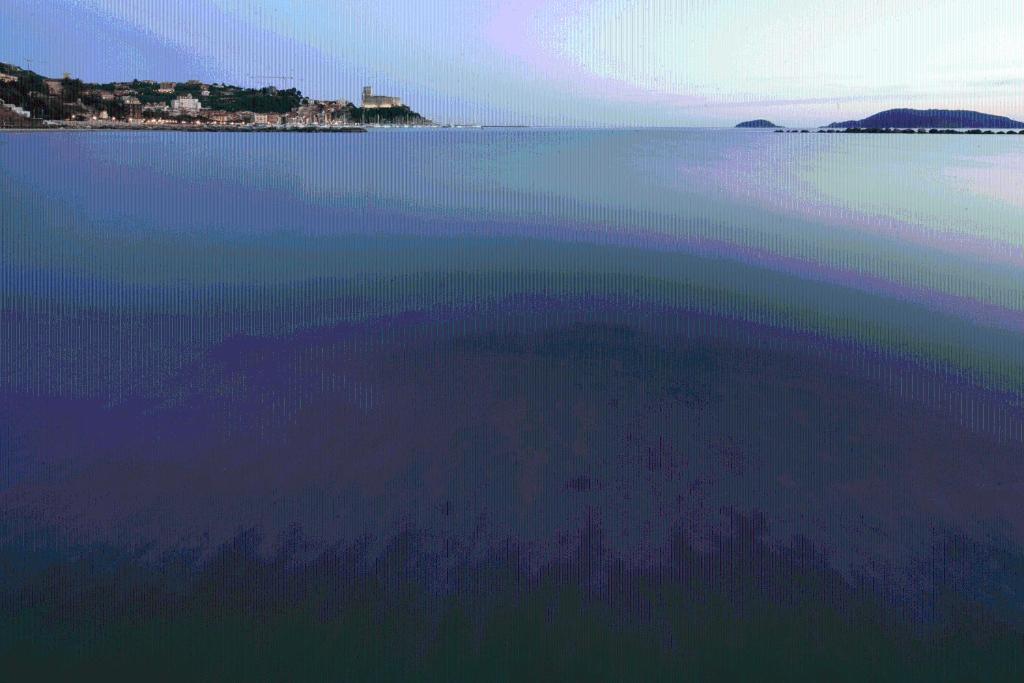 a large body of water with an island in the distance at Hotel Florida Lerici in Lerici