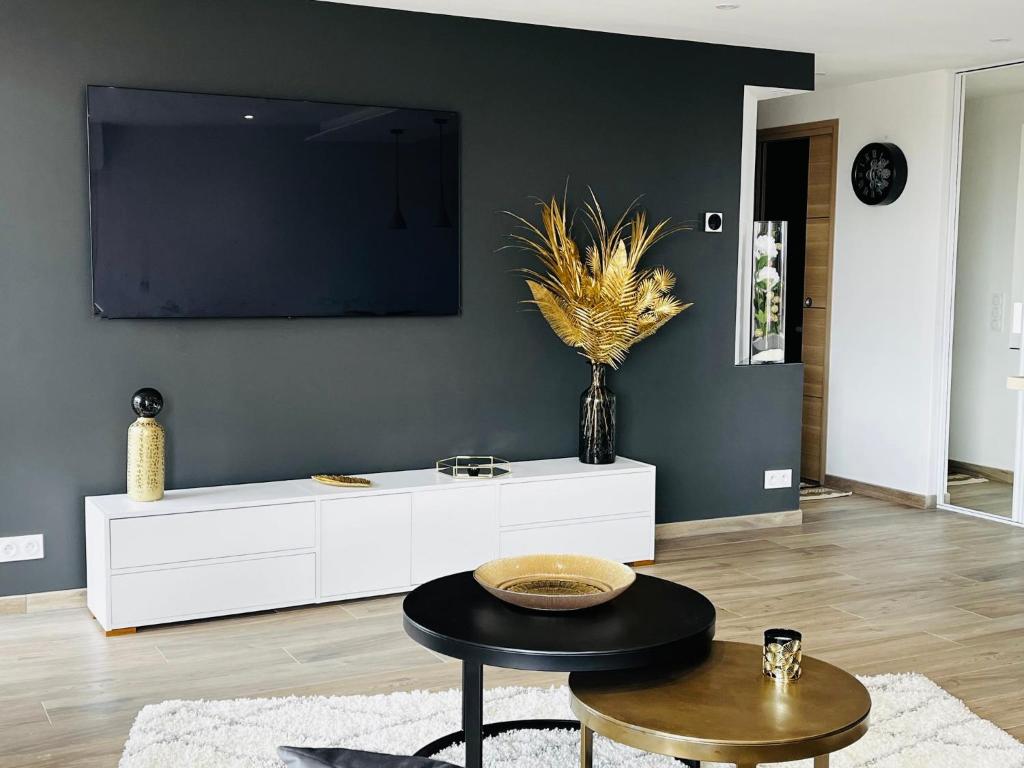 ein Wohnzimmer mit einem TV an der Wand in der Unterkunft Amazing Apartment 10min Palais des festivals in Cannes in Cannes