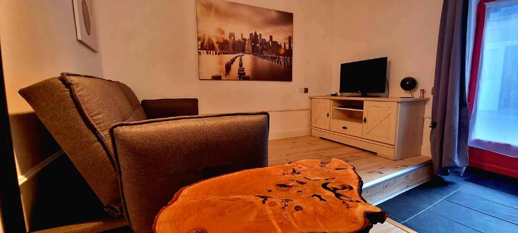 TV a/nebo společenská místnost v ubytování Gîte maisonnette- Et à côté coule une rivière