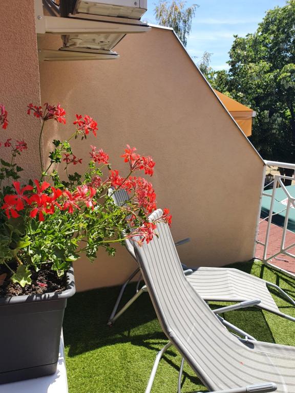 a white chair sitting next to a plant with red flowers at Laguna apartman Bogács in Bogács