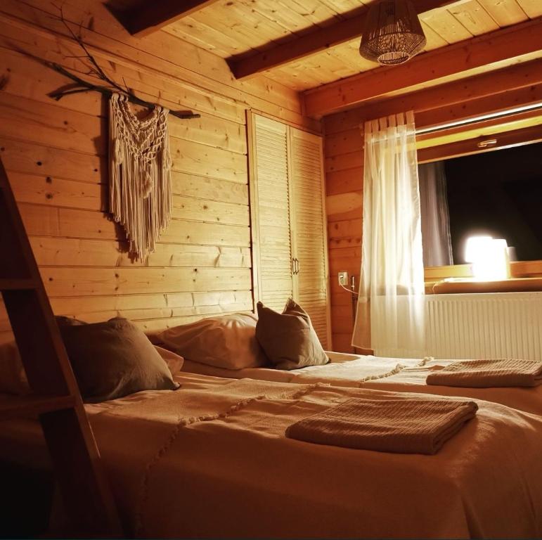 a bedroom with two beds in a wooden room at Apartament NA PIĘTERKU in Rzepiska