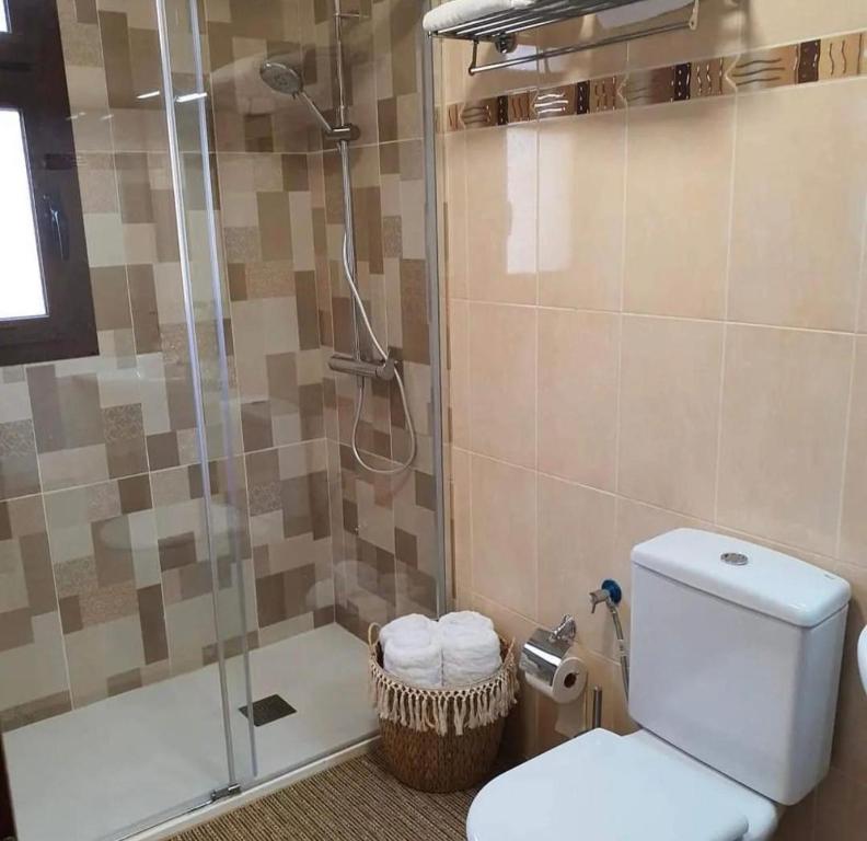a bathroom with a shower with a toilet and a sink at Apartamentos Los Catorce, EL Hierro in Valverde