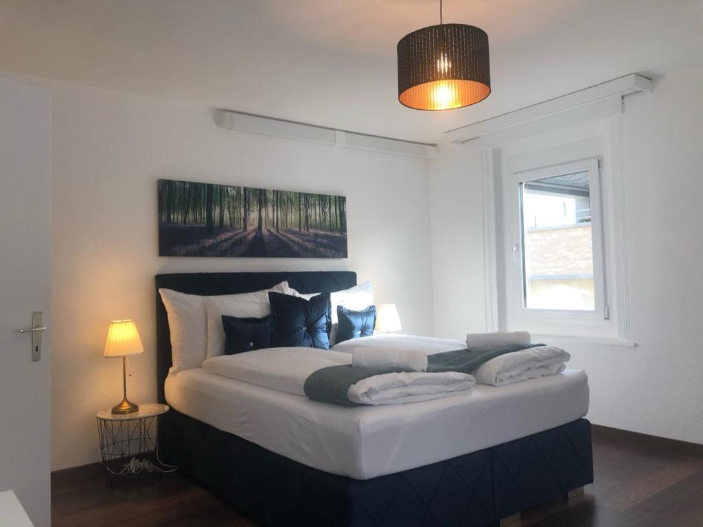 een groot bed in een kamer met een raam bij Grubenmann Appartements - Sankt Gallen City in St. Gallen