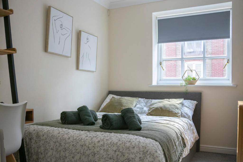 1 dormitorio con cama con almohadas y ventana en Lovely 3-bedroom apartment in Colchester en Colchester