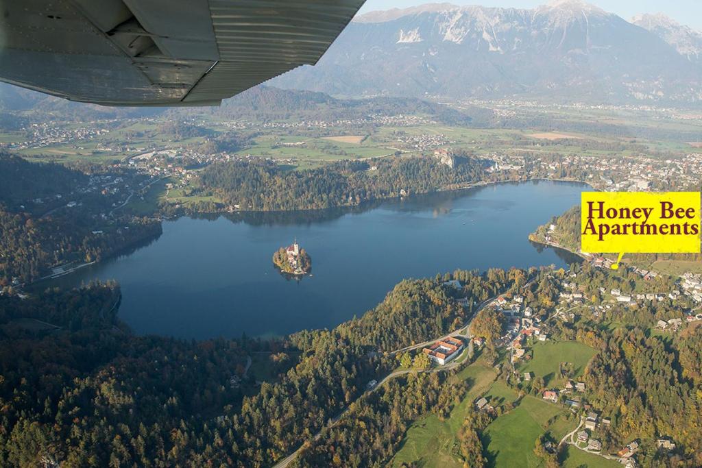 a view of a lake from an airplane at Bled Honey Bee Apartment in Bled