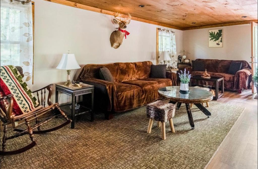 a living room with a couch and a table at The Nook Lodge - cabin with hot tub at Shawnee and Camelback Mtn in East Stroudsburg