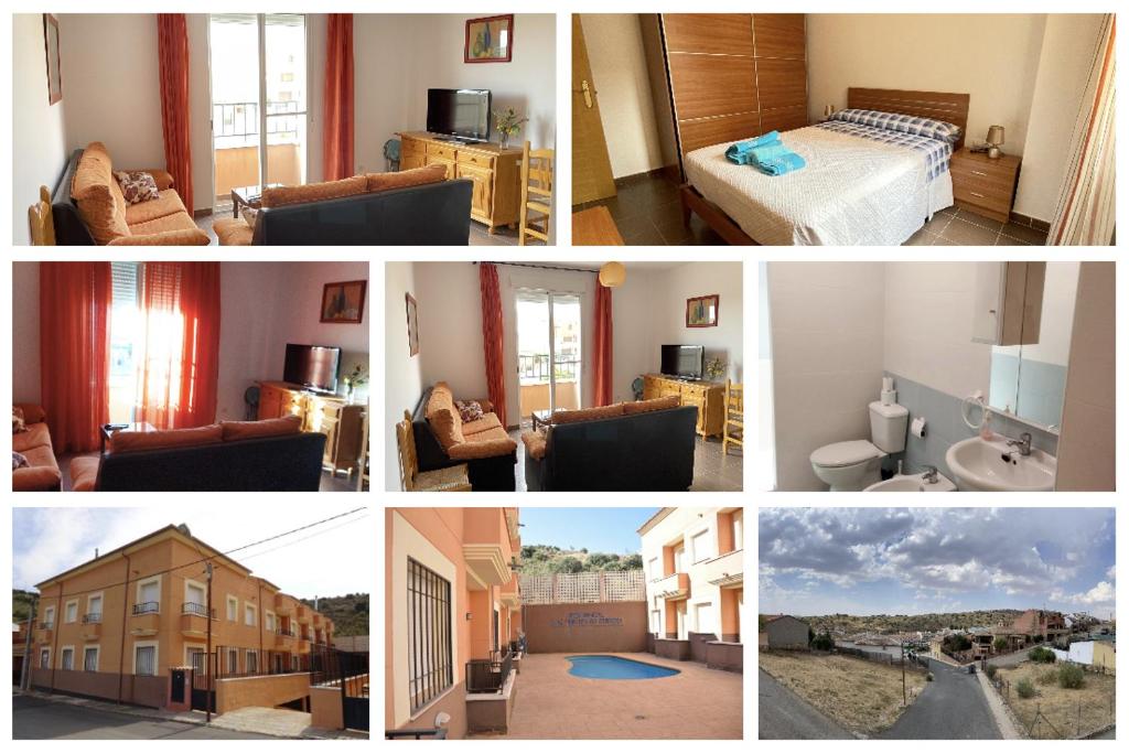 eine Collage mit Fotos eines Hotelzimmers in der Unterkunft Apartamentos Ruidera in Ruidera