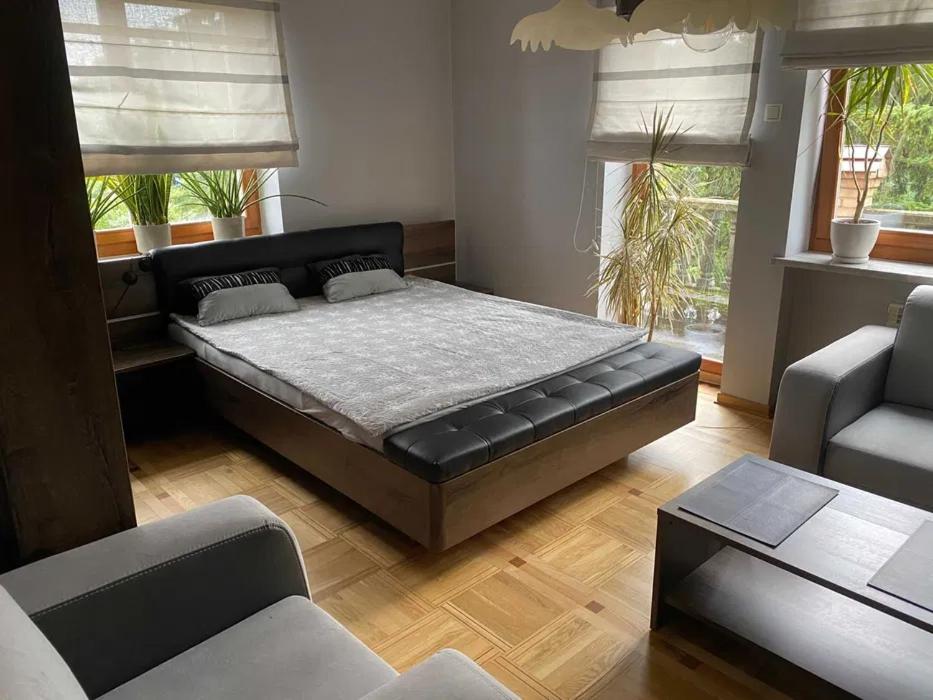 Cama grande en habitación con sofá y sillas en Hostel LUNA en Mińsk Mazowiecki
