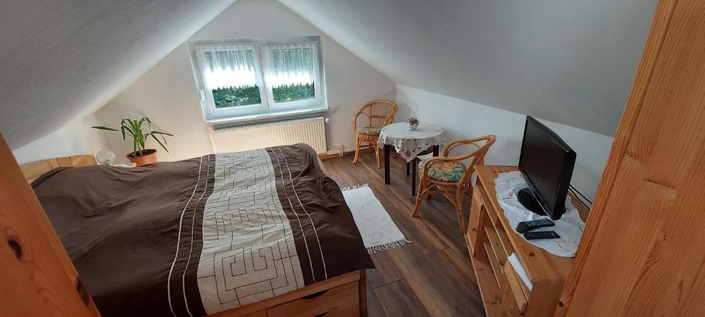 a bedroom with a bed and a television and a table at FERIENHAUS EICK in Friedrichroda